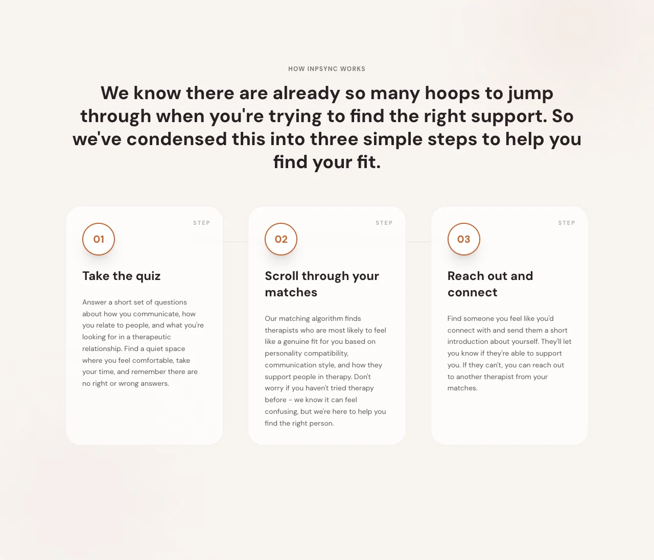 Three steps: take the quiz, scroll through your matches, reach out and connect