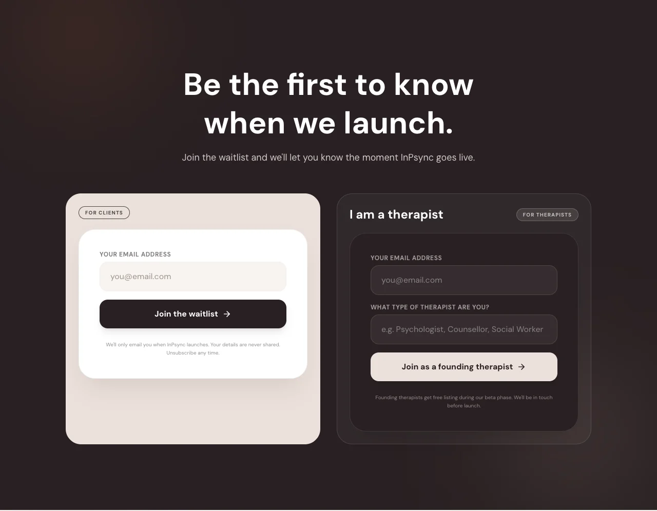 Separate waitlists for clients and therapists ahead of launch