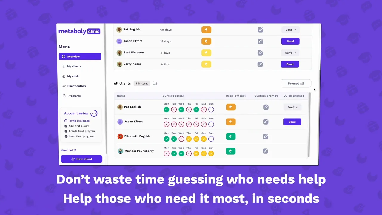 At-risk view with drop-off risk, commitment streaks and one-tap prompts