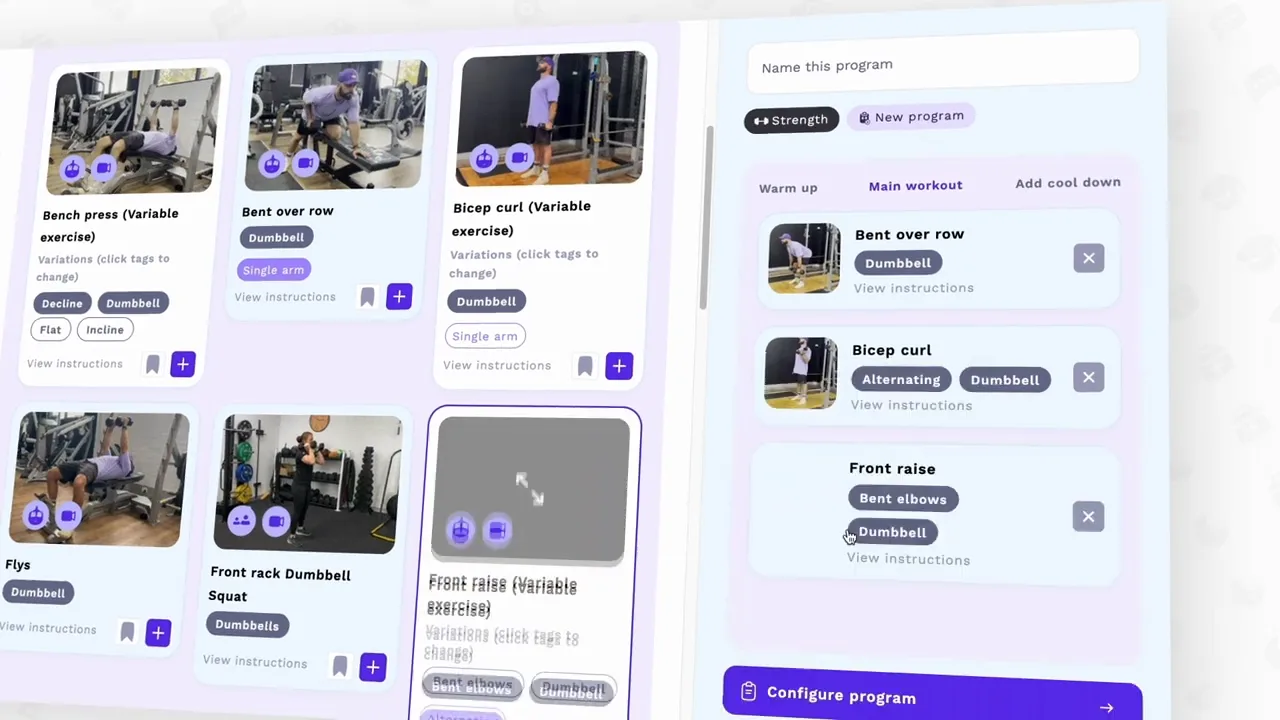 Program builder with a filterable exercise library and warm-up, main and cool-down blocks
