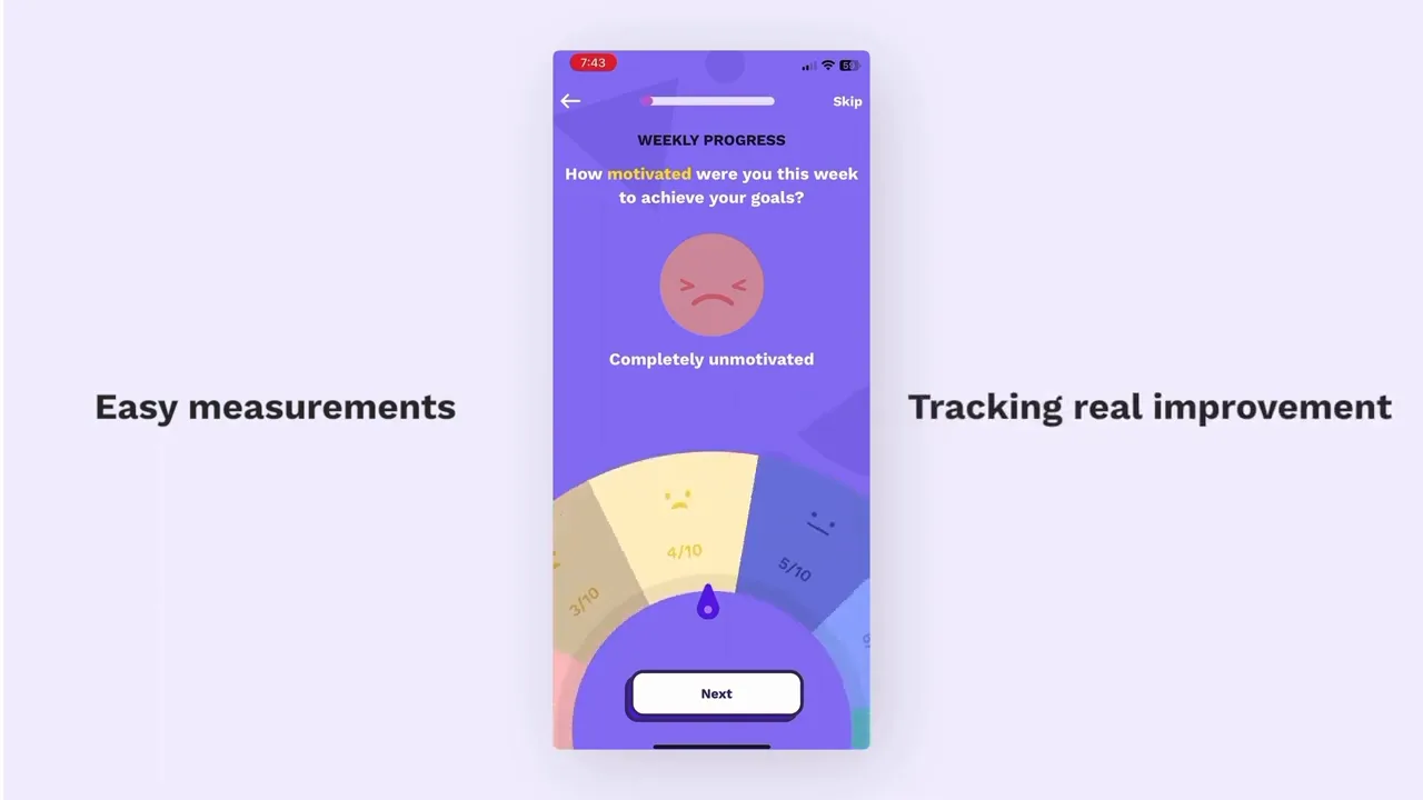 Weekly check-ins for motivation, confidence, stress and sleep