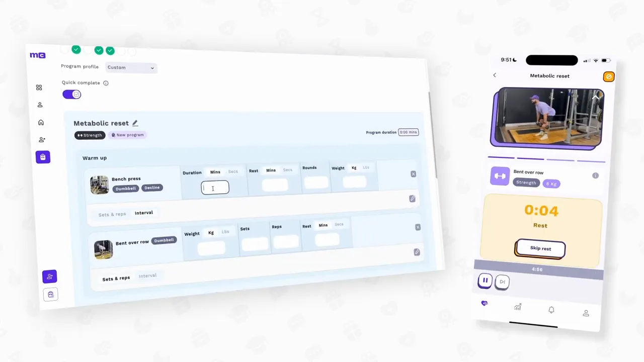 Guided workouts on the client app, with rest timers and set logging