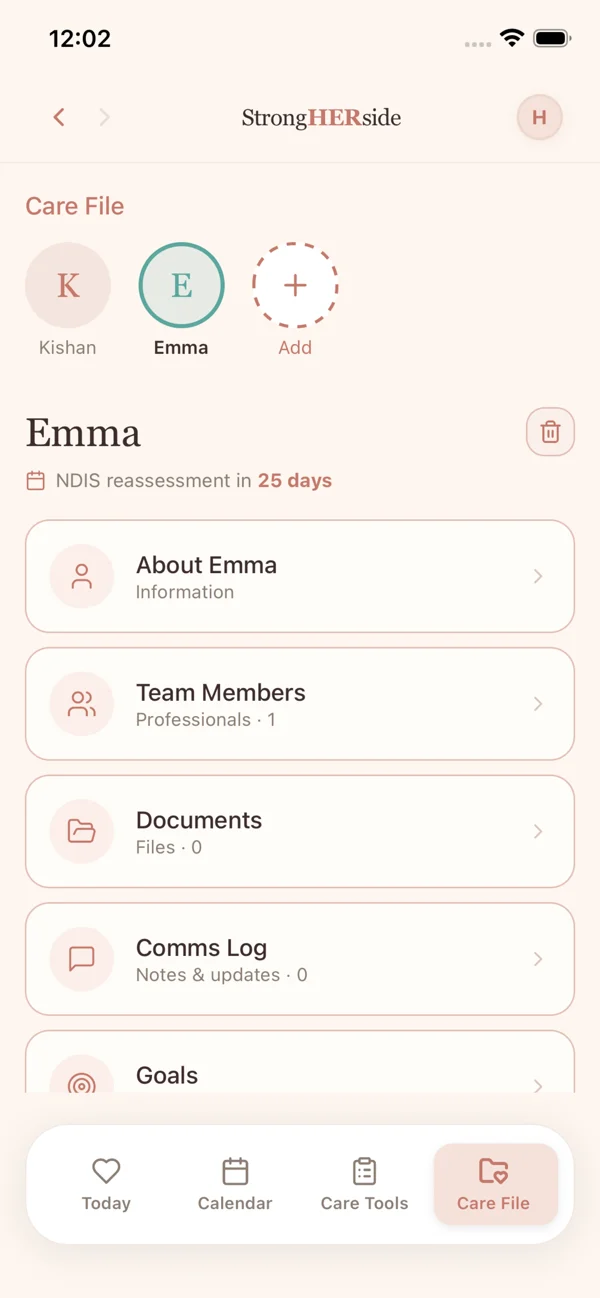 Care File: each child's details, care team, documents, comms log and goals