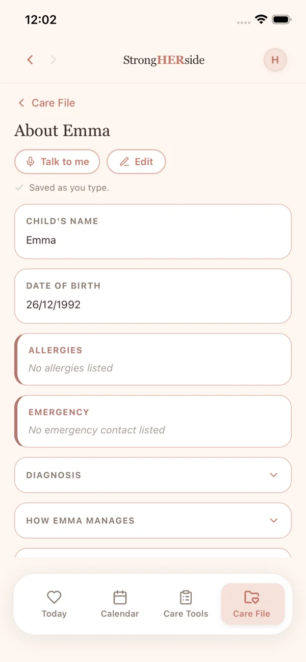 Child profile with allergies, emergency contacts and diagnoses
